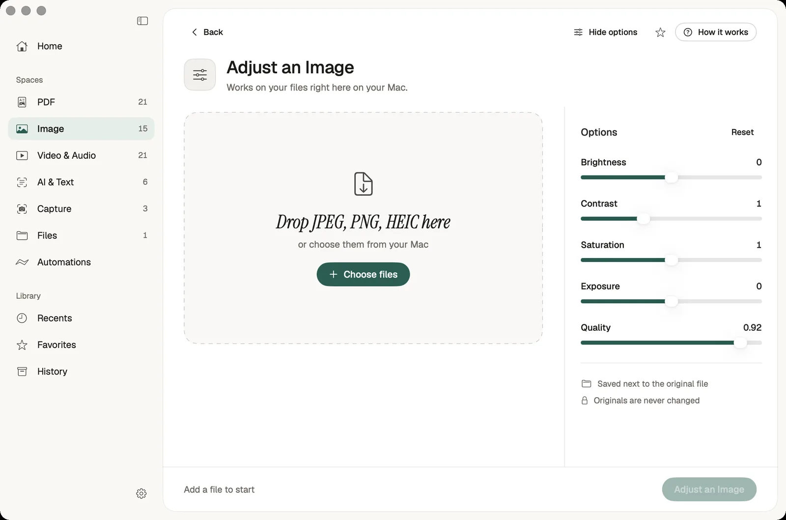 Adjust an Image tool with a drop zone for JPEG, PNG and HEIC files and sliders for brightness, contrast, saturation, exposure and quality