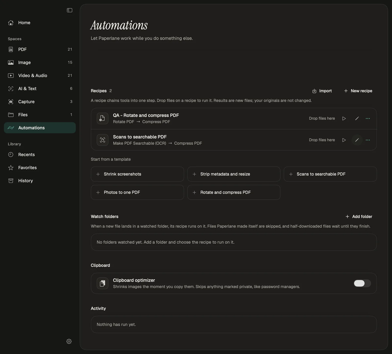 Automations screen with two recipes, five recipe templates, watch folders and a clipboard optimiser switch
