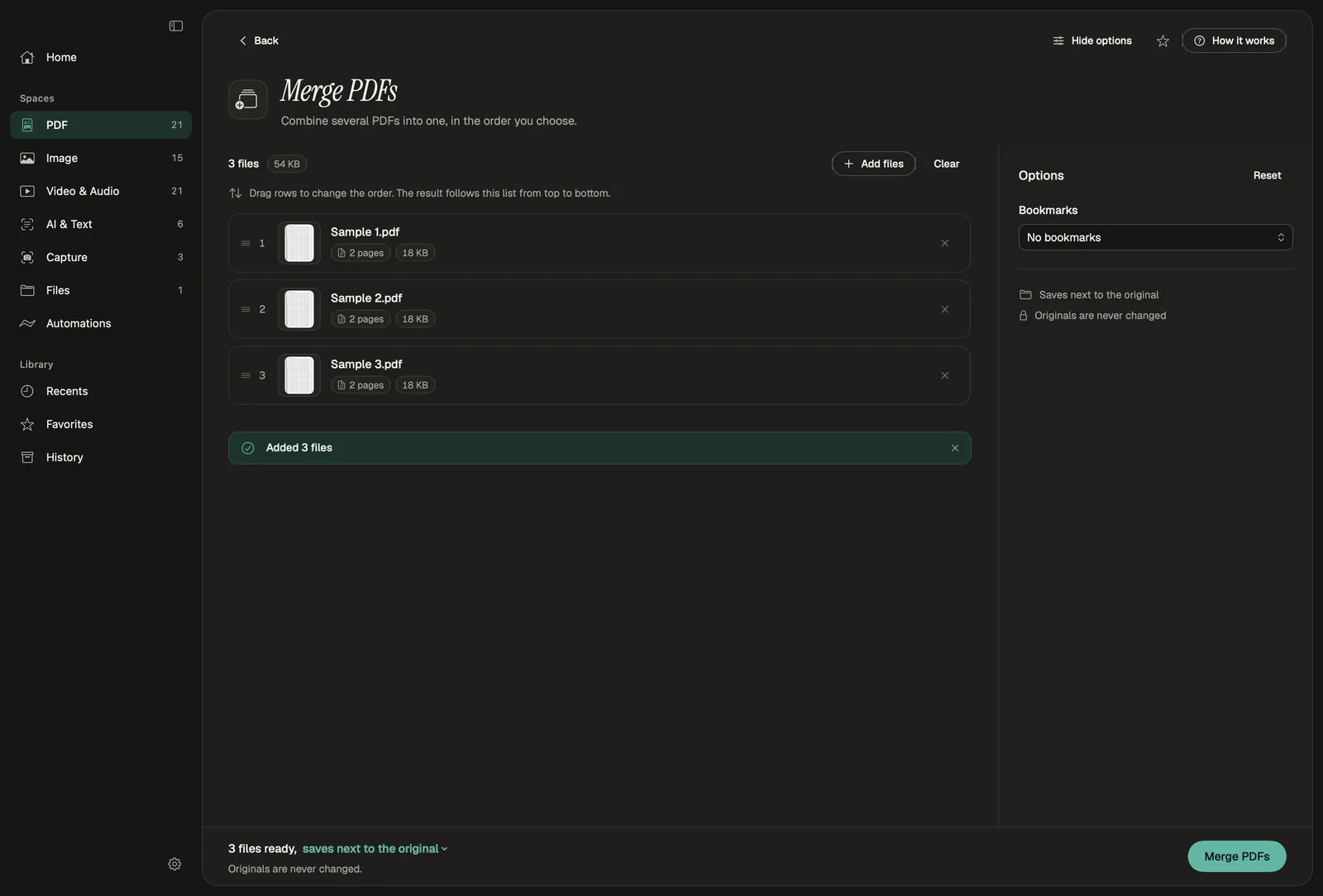 Merge PDFs tool with three PDFs in a reorderable list, a bookmarks option and a Merge PDFs button